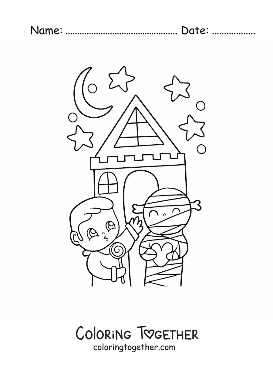 Coloring page of a kawaii haunted house with a child and a mummy