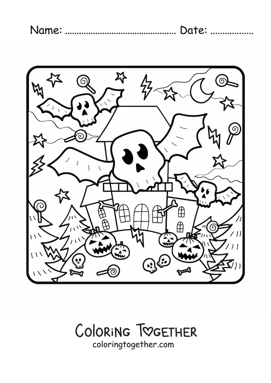Coloring page of a haunted mansion with monsters and Halloween pumpkins