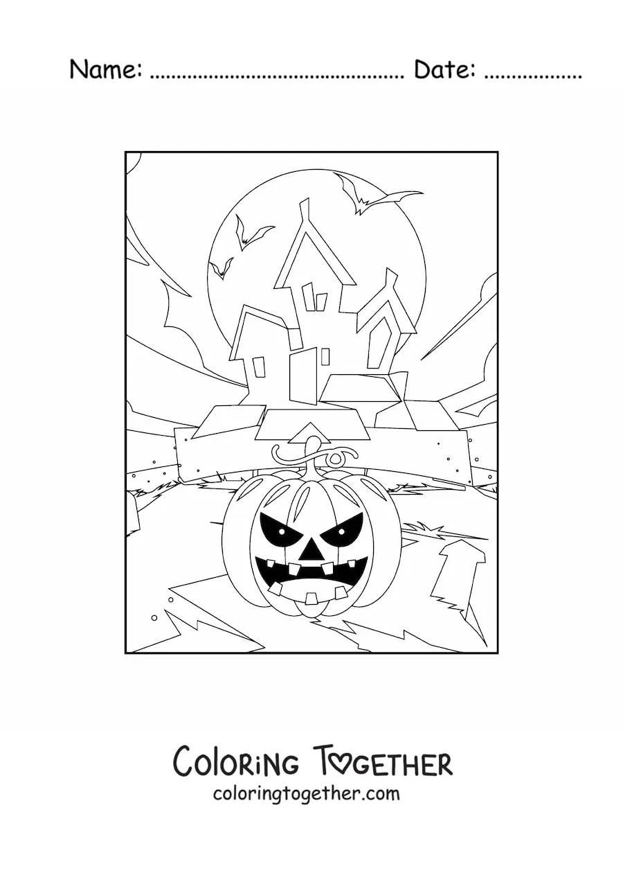 Coloring page of a spooky Halloween pumpkin with a haunted mansion