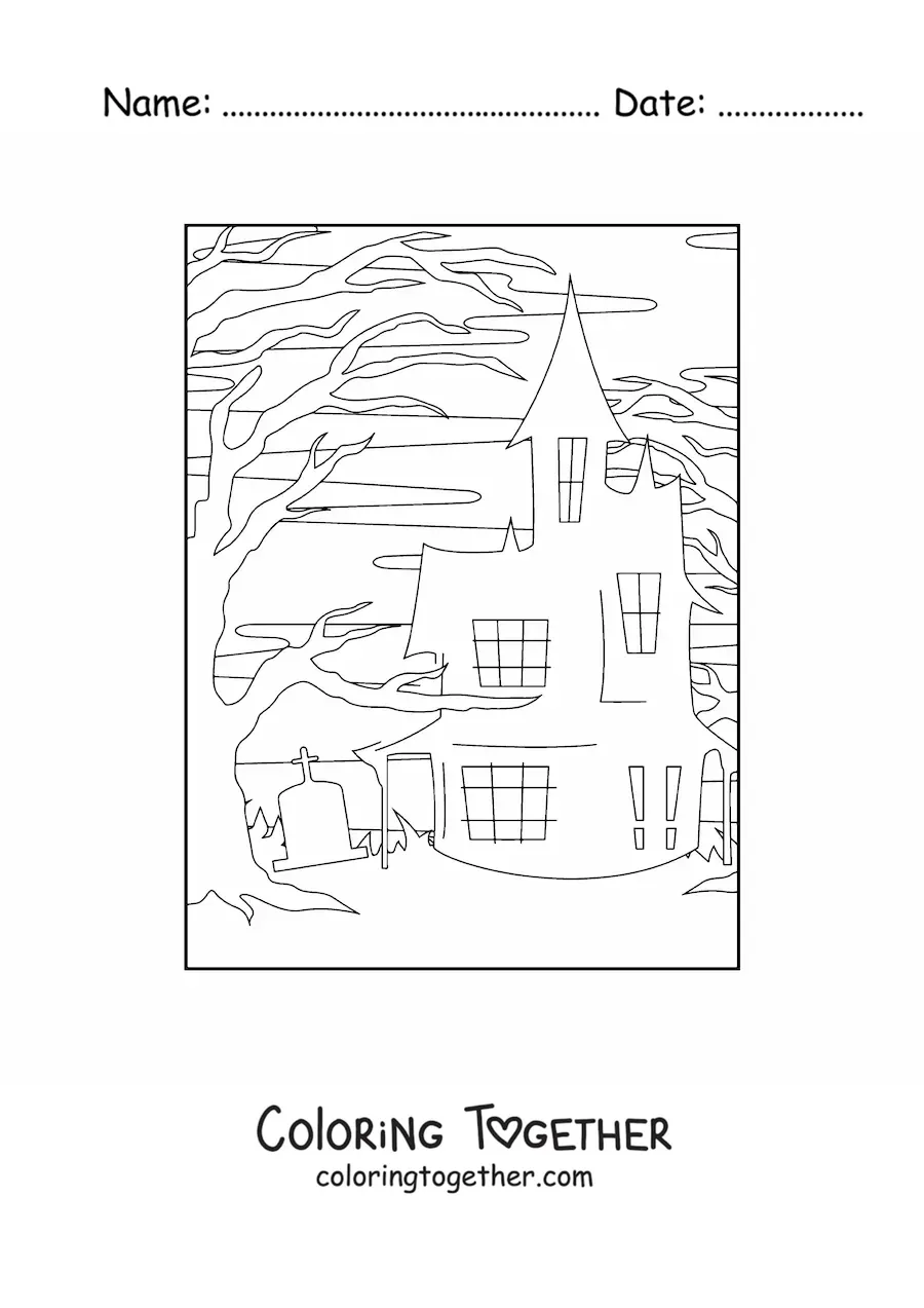 Coloring page of a simple Halloween haunted house