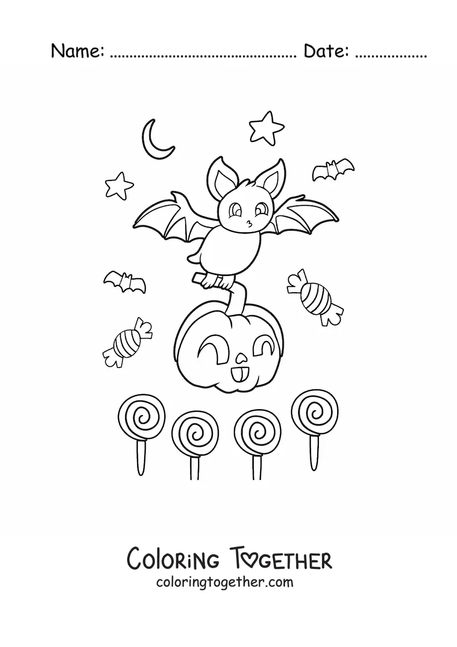 Coloring page of a cartoon bat with a Halloween pumpkin and candy