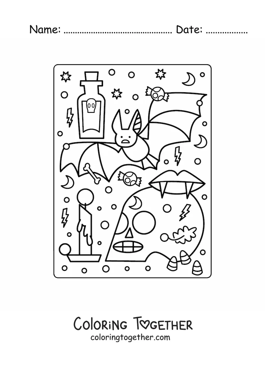 Coloring page of a cartoon bat with a Halloween skull