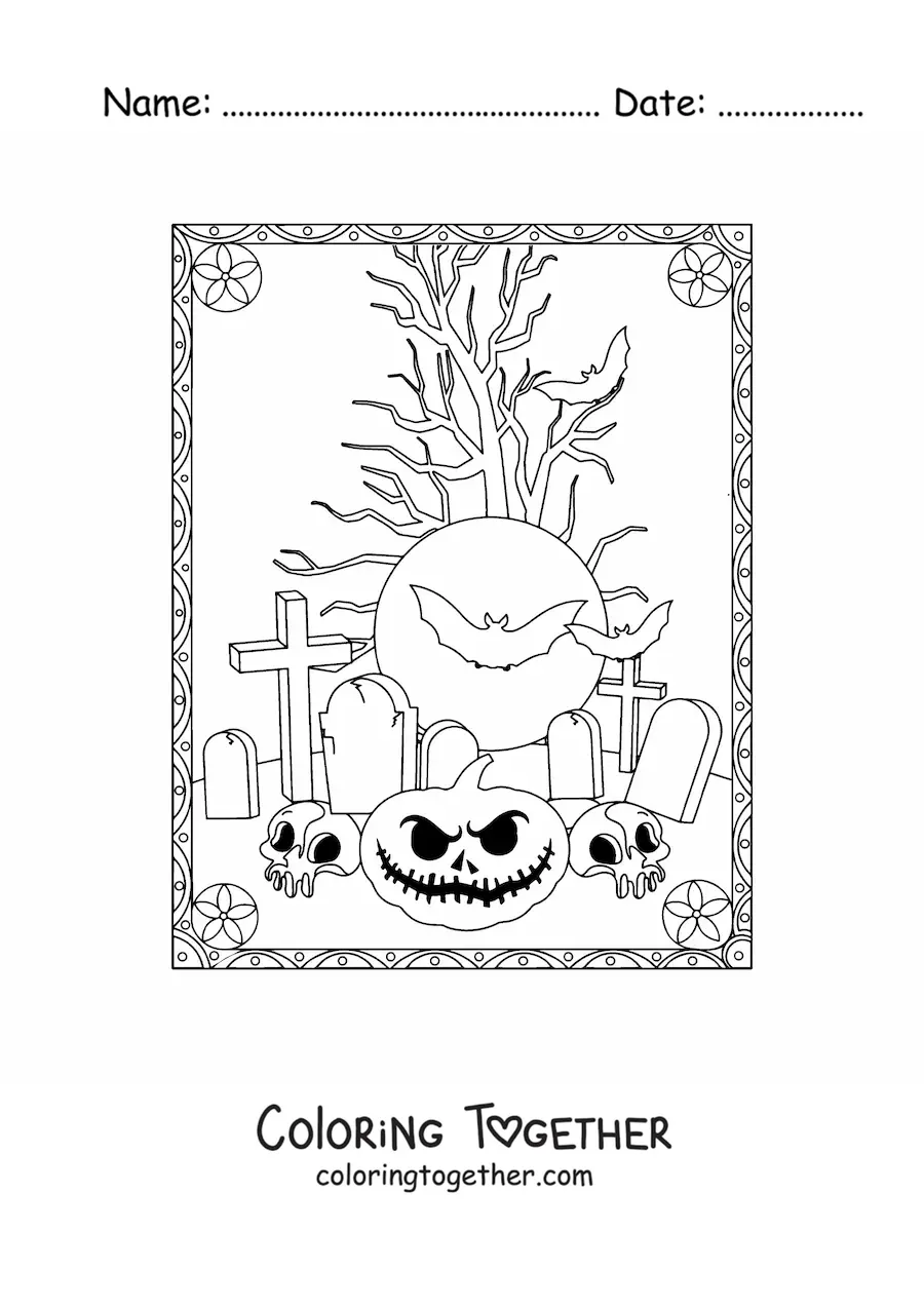 Coloring page of bat silhouettes with spooky Halloween pumpkins