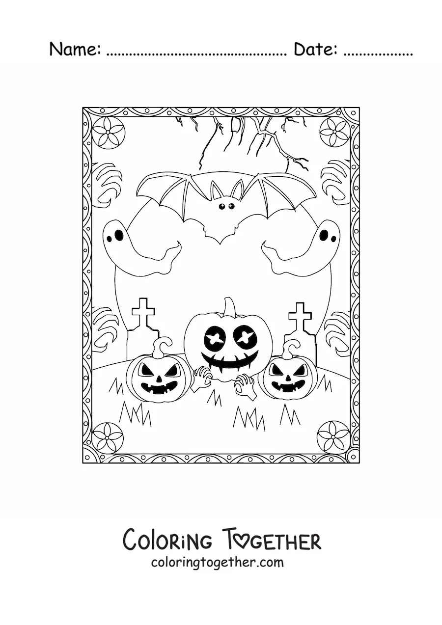 Coloring page of bats with ghosts and spooky Halloween pumpkins