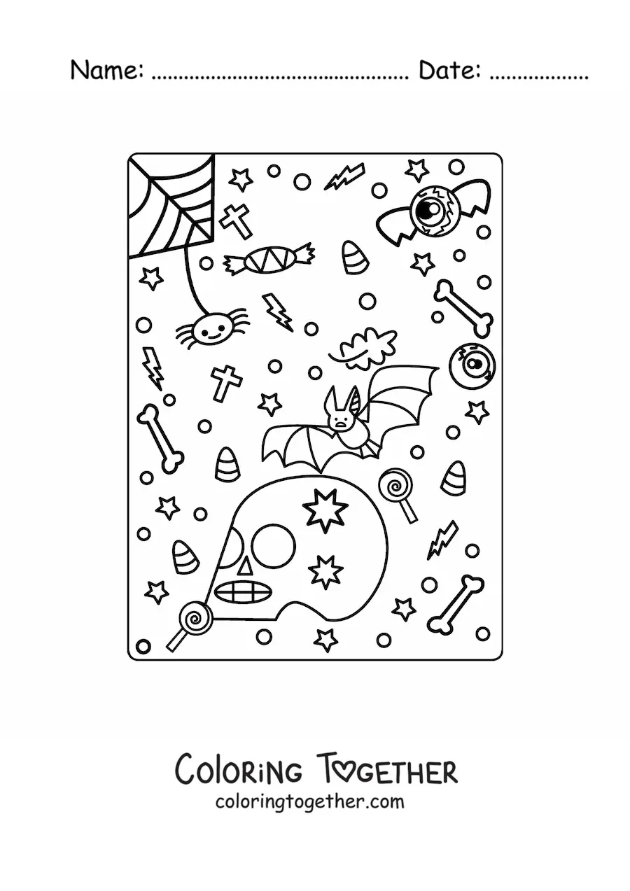 Coloring page of a cartoon bat with a spider and a Halloween skull