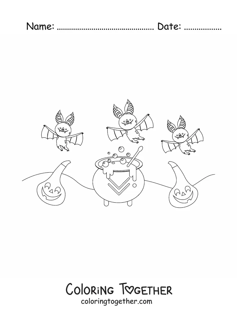 Coloring page of bats with a witch's cauldron and a Halloween pumpkin