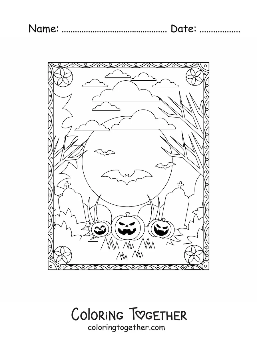 Coloring page of bats flying on Halloween night