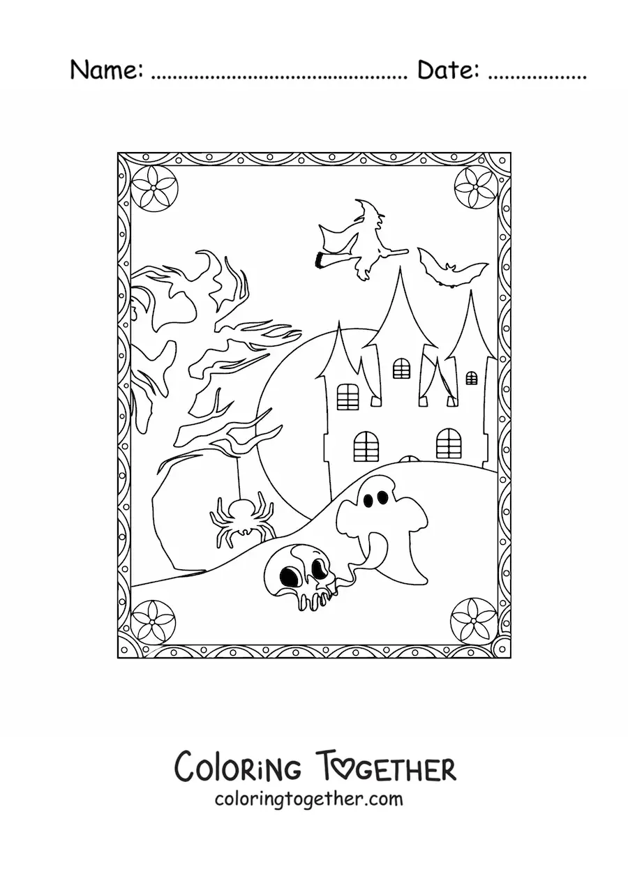 Coloring page of a bat flying next to a haunted house