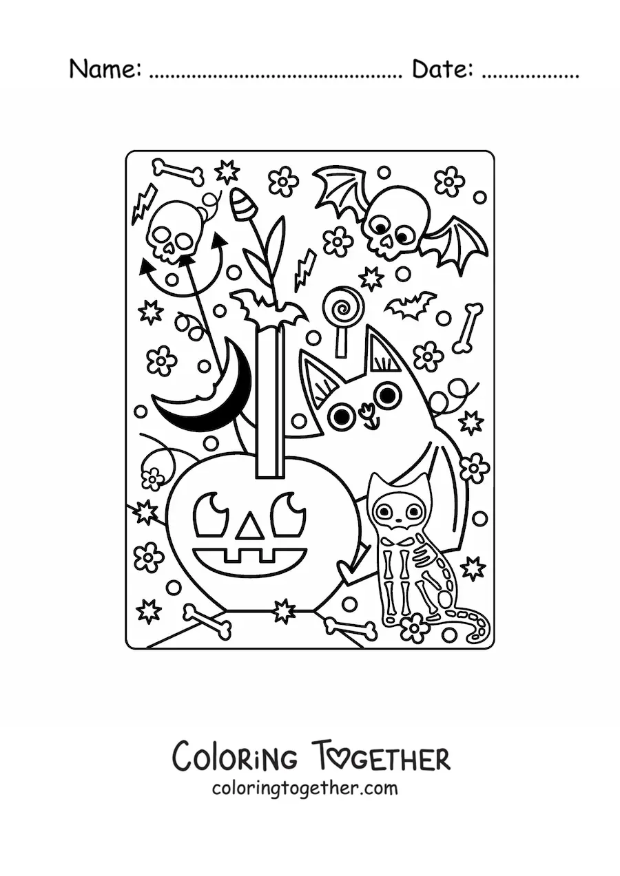 Coloring page of a bat with a skull and a cat on Halloween