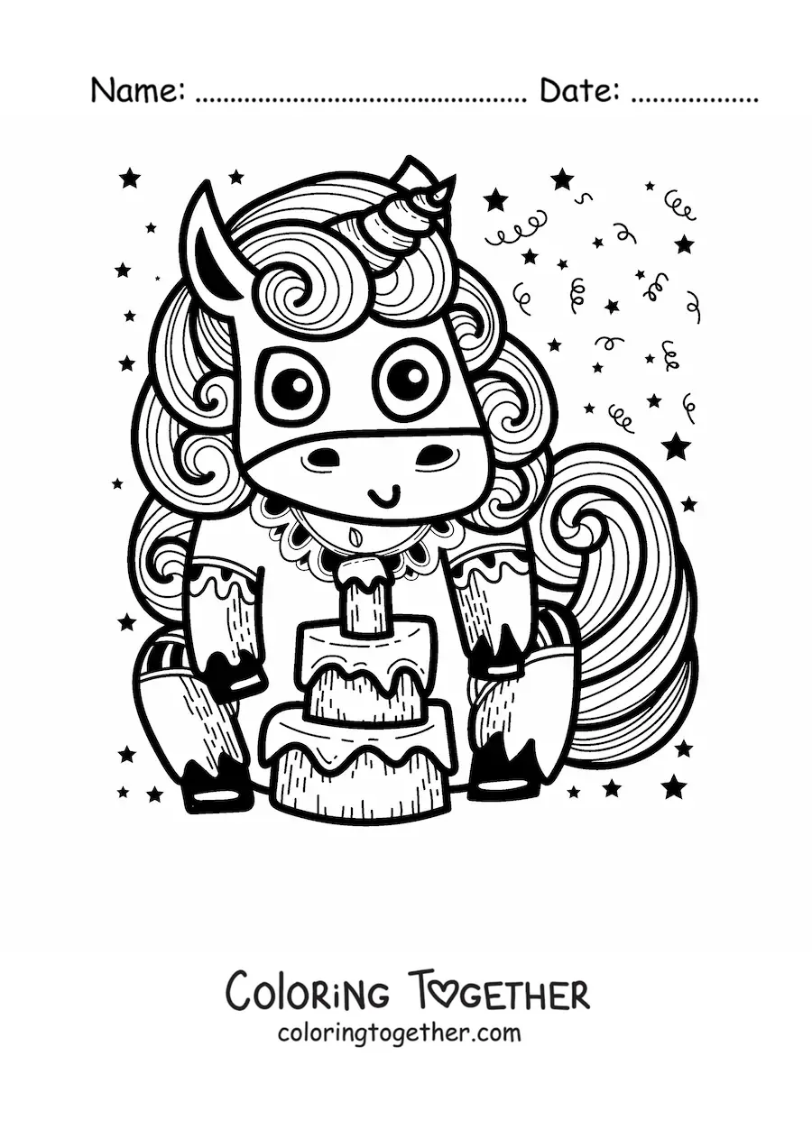 Coloring page of a cartoon unicorn with a birthday cake