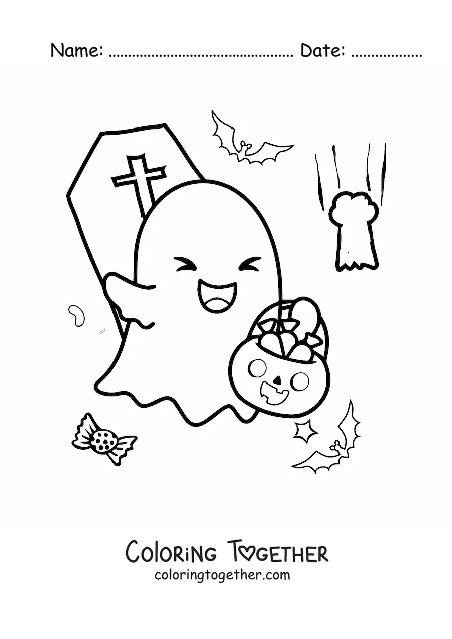 Coloring page of a kawaii ghost with Halloween candy