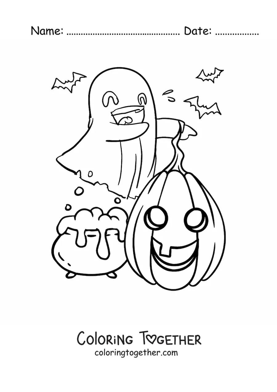 Coloring page of a cute ghost with a Halloween pumpkin