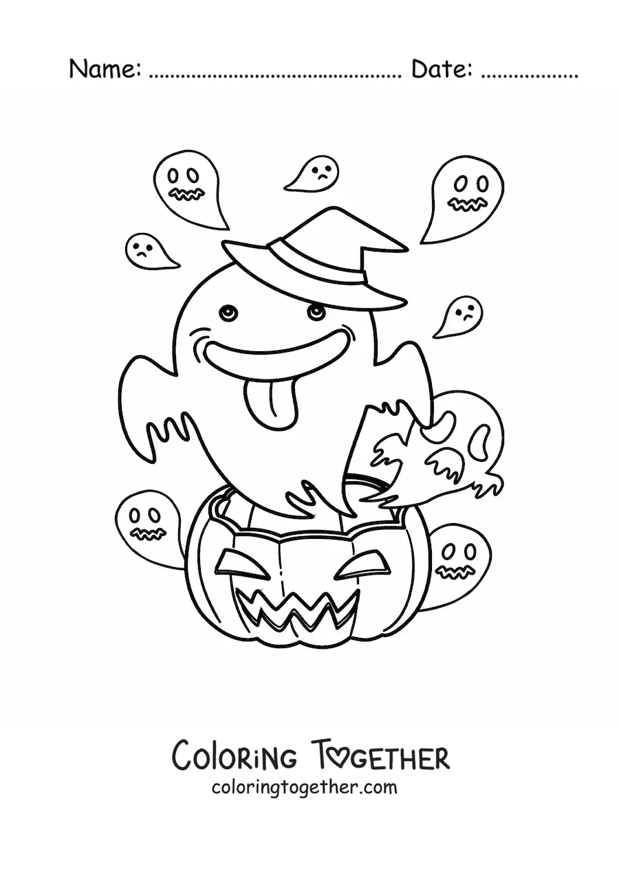 Coloring page of a cartoon ghost with a Halloween pumpkin