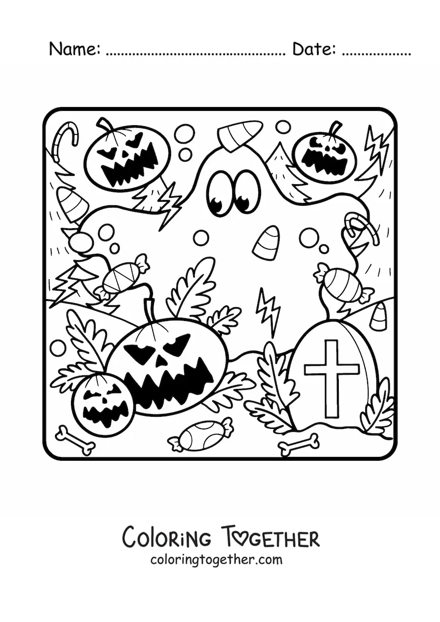 Coloring page of a funny ghost with Halloween pumpkins