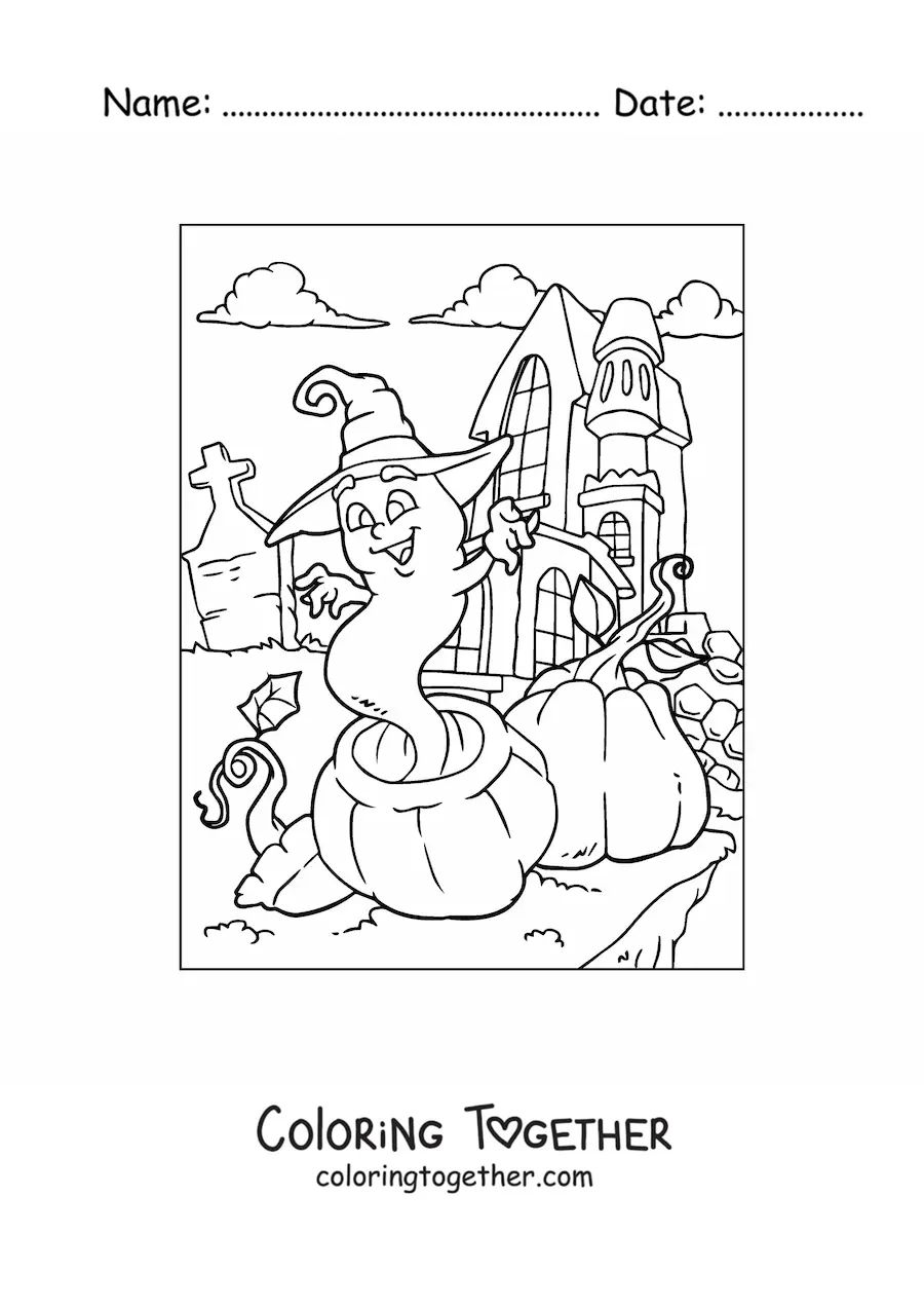 Coloring page of a cartoon ghost with a witch hat and a haunted house