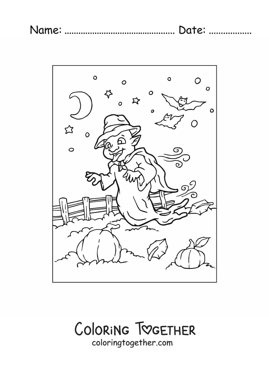 Coloring page of a cartoon ghost in a pumpkin patch