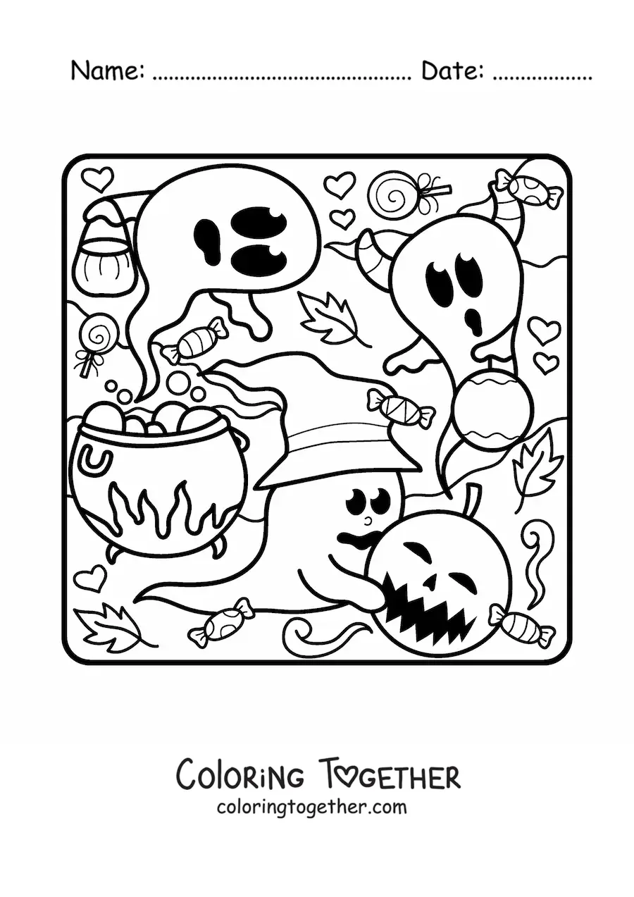Coloring page of a ghost with a witch hat and a cauldron