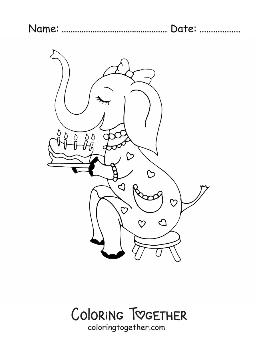 Coloring page of a cartoon elephant with a birthday cake