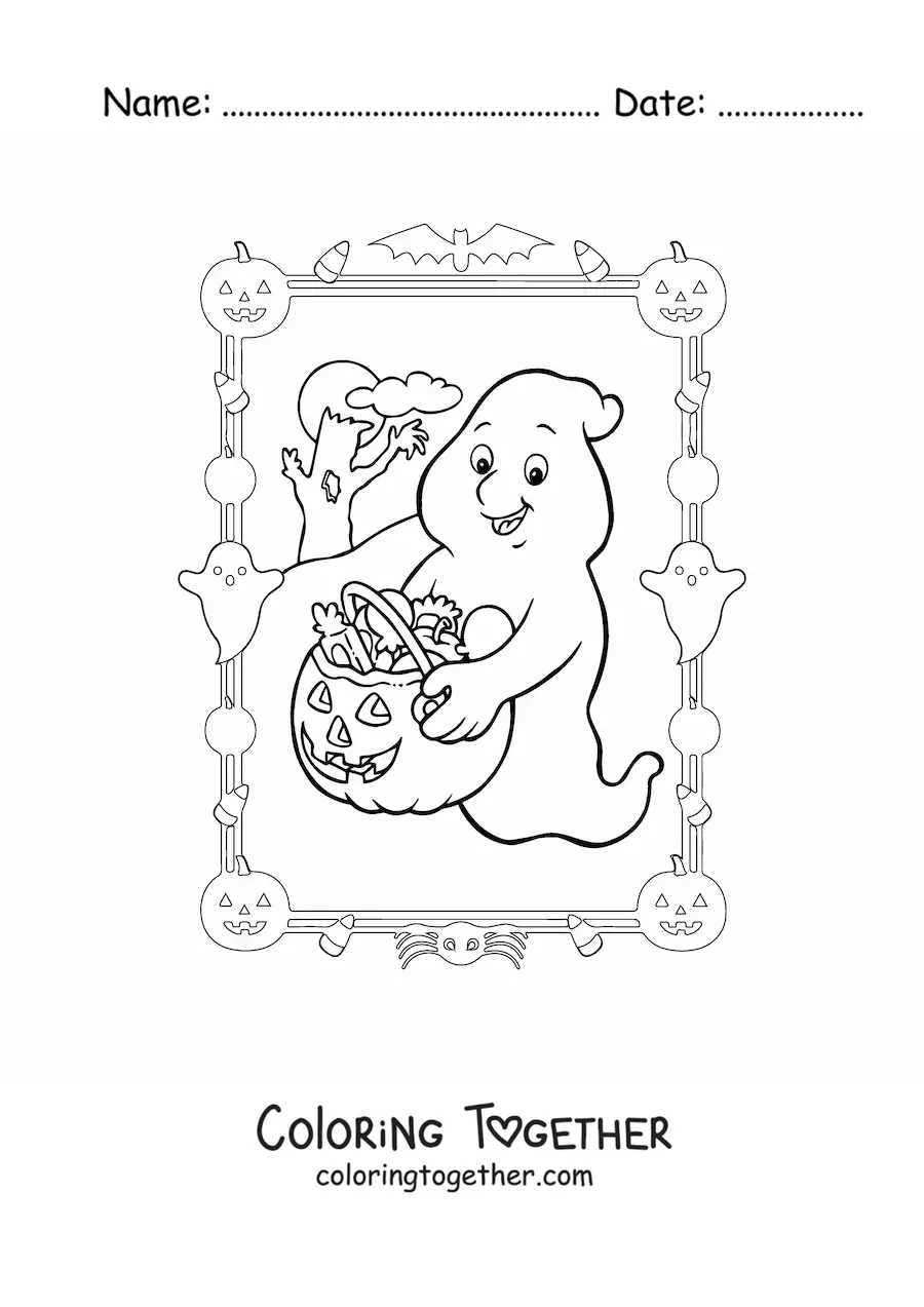 Coloring page of a cartoon ghost with Halloween candy
