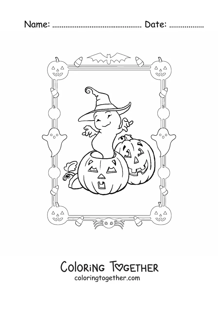 Coloring page of a cartoon ghost with a witch hat on Halloween