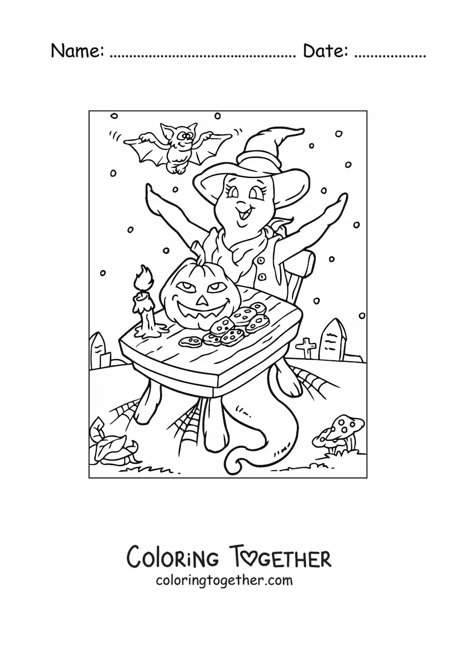 Coloring page of a cartoon ghost with a Halloween pumpkin and bats