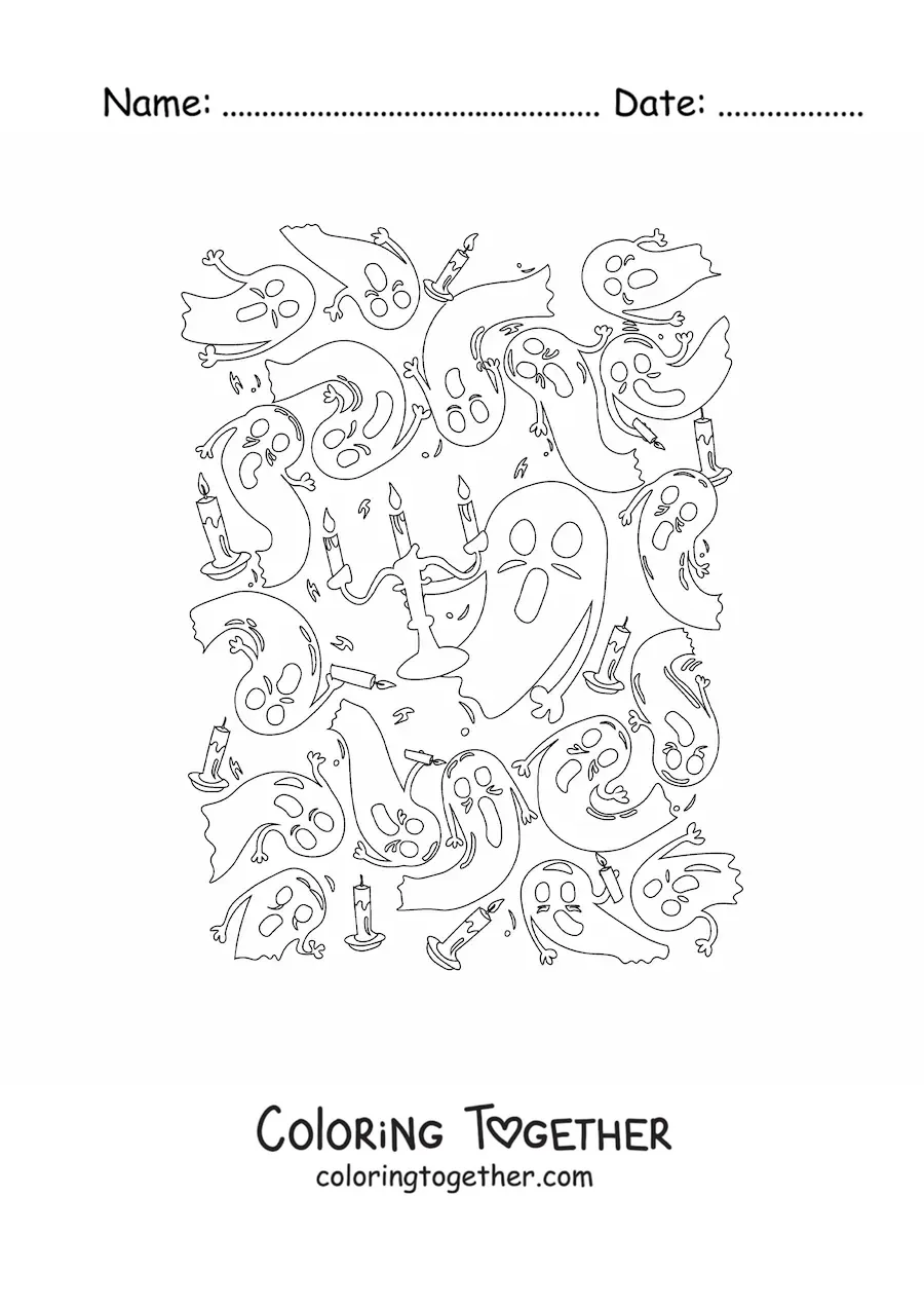 Coloring page of scary ghosts with candelabras
