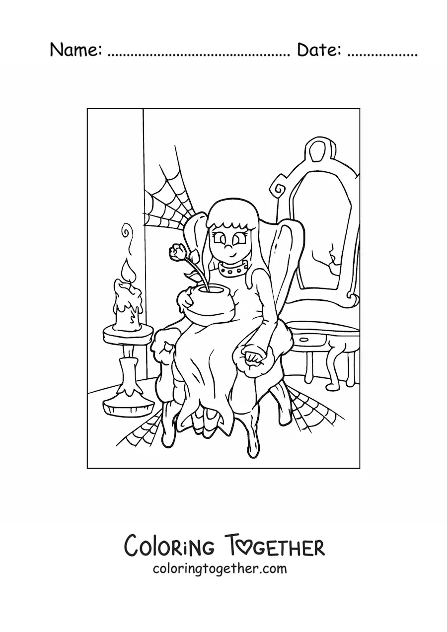 Coloring page of a realistic ghost in a haunted house