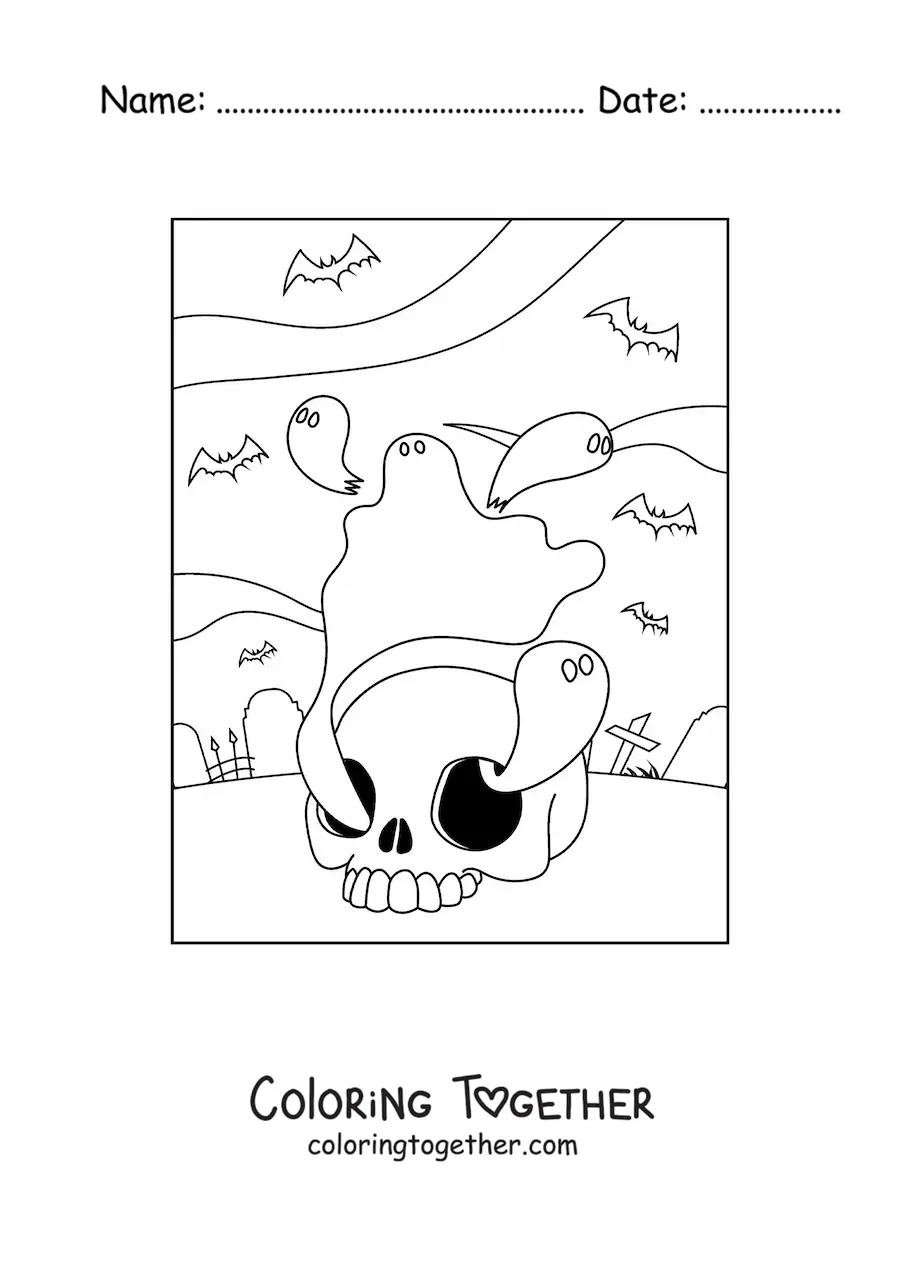 Coloring page of scary ghosts with a skull