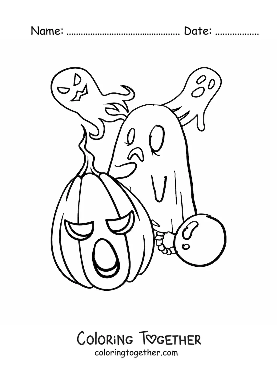 Coloring page of ghosts and a child dressed as a ghost on Halloween