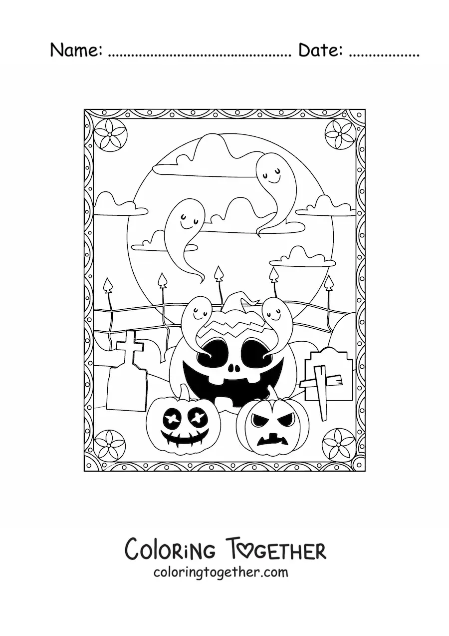 Coloring page of ghosts with scary Halloween pumpkins