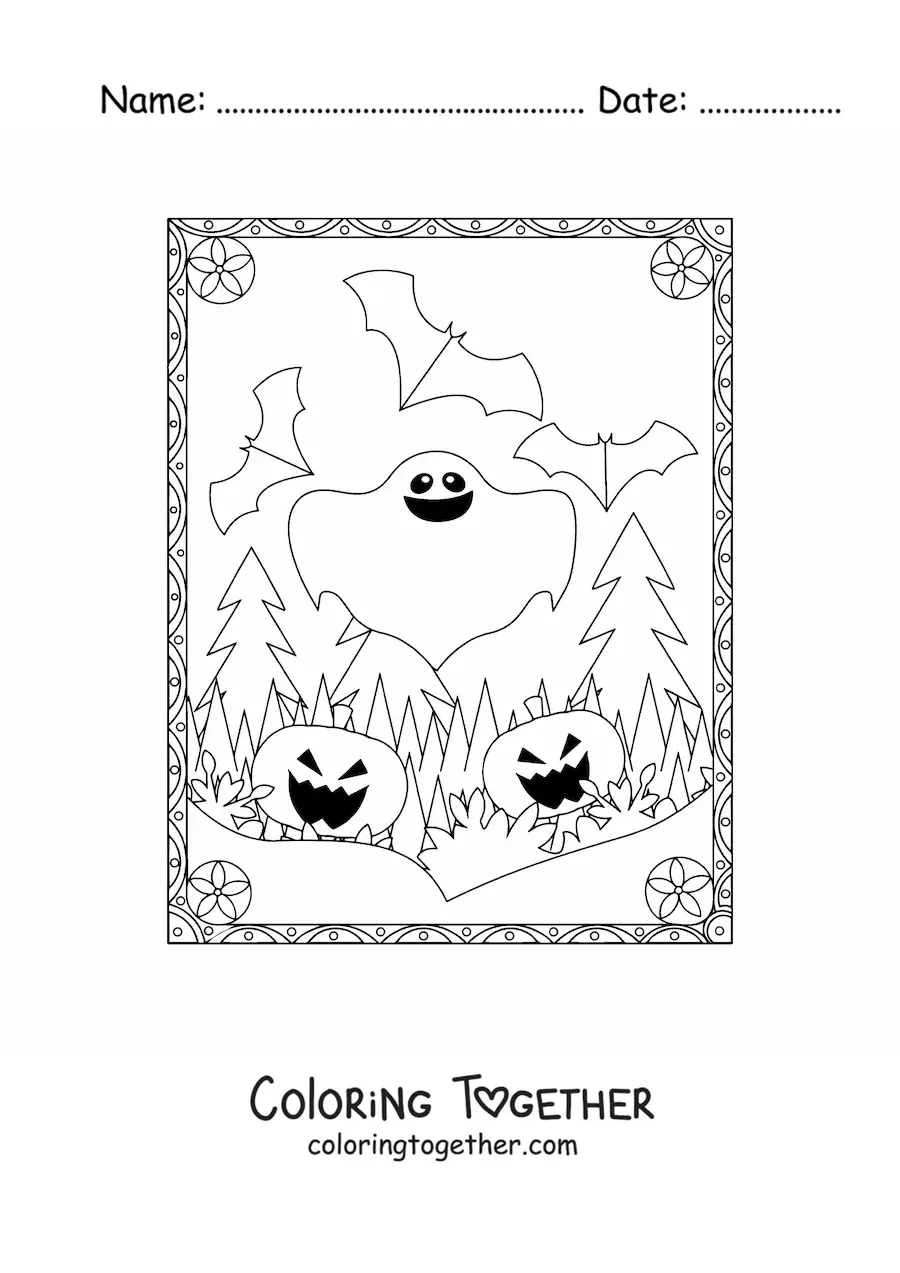 Coloring page of a ghost with scary Halloween pumpkins and bats