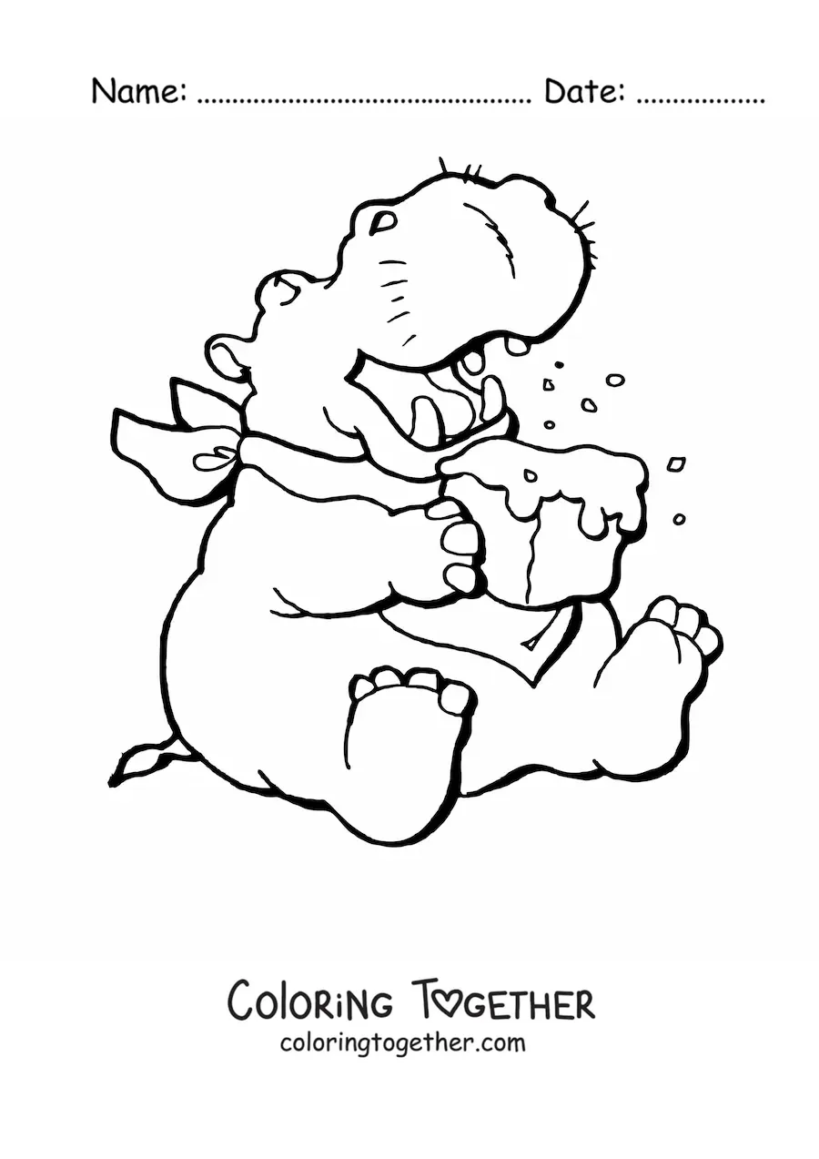 Coloring page of a cartoon hippo eating a cake