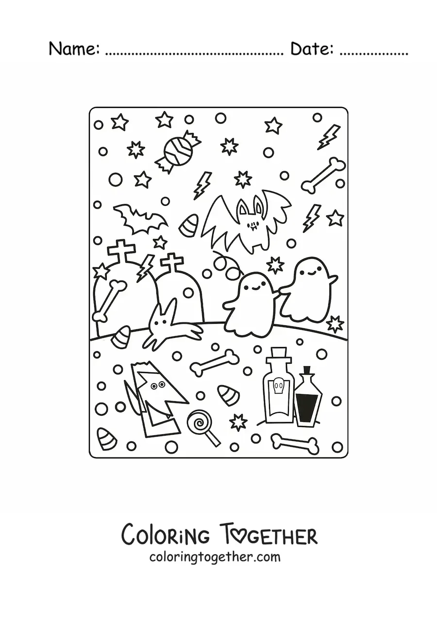 Coloring page of kawaii ghosts with Halloween candy and bats