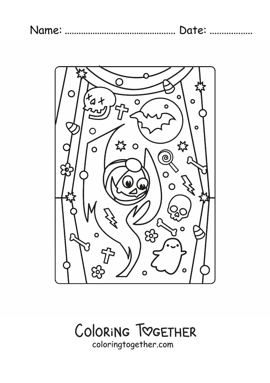 Coloring page of a kawaii ghost with a Halloween pumpkin and candy