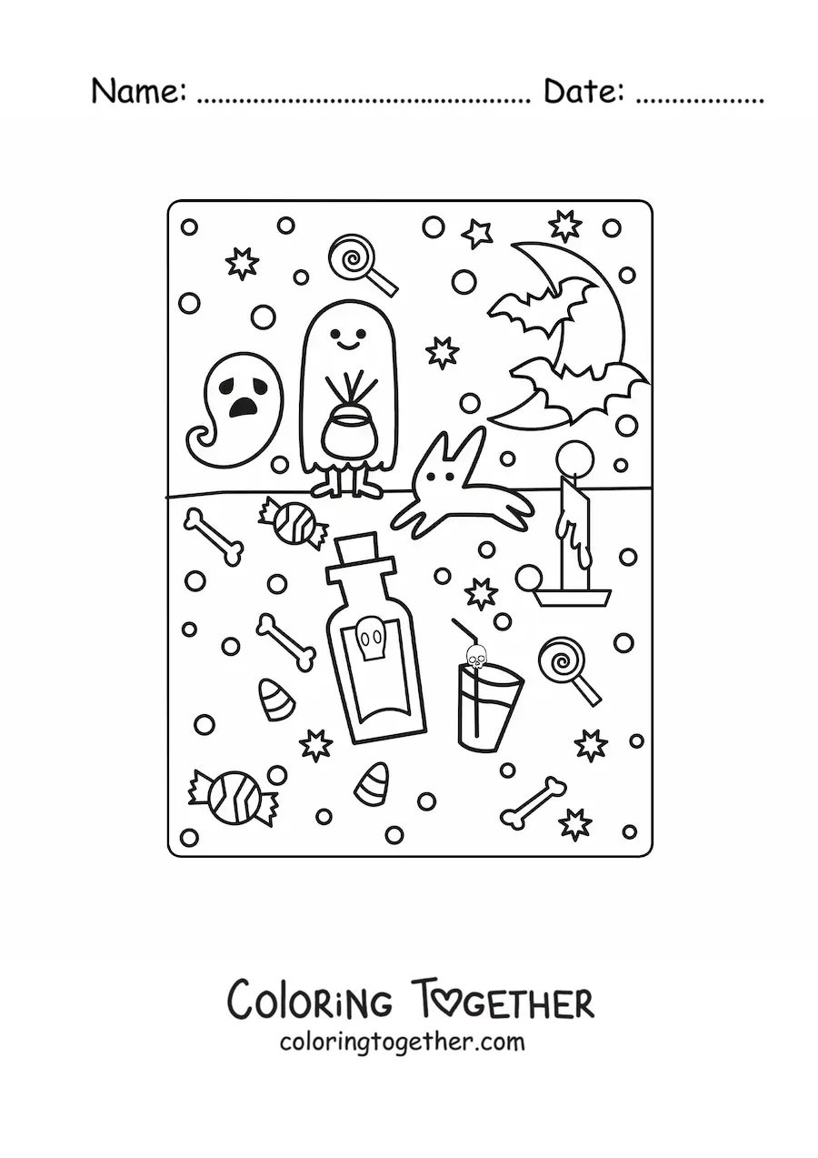 Coloring page of a child dressed as a kawaii ghost
