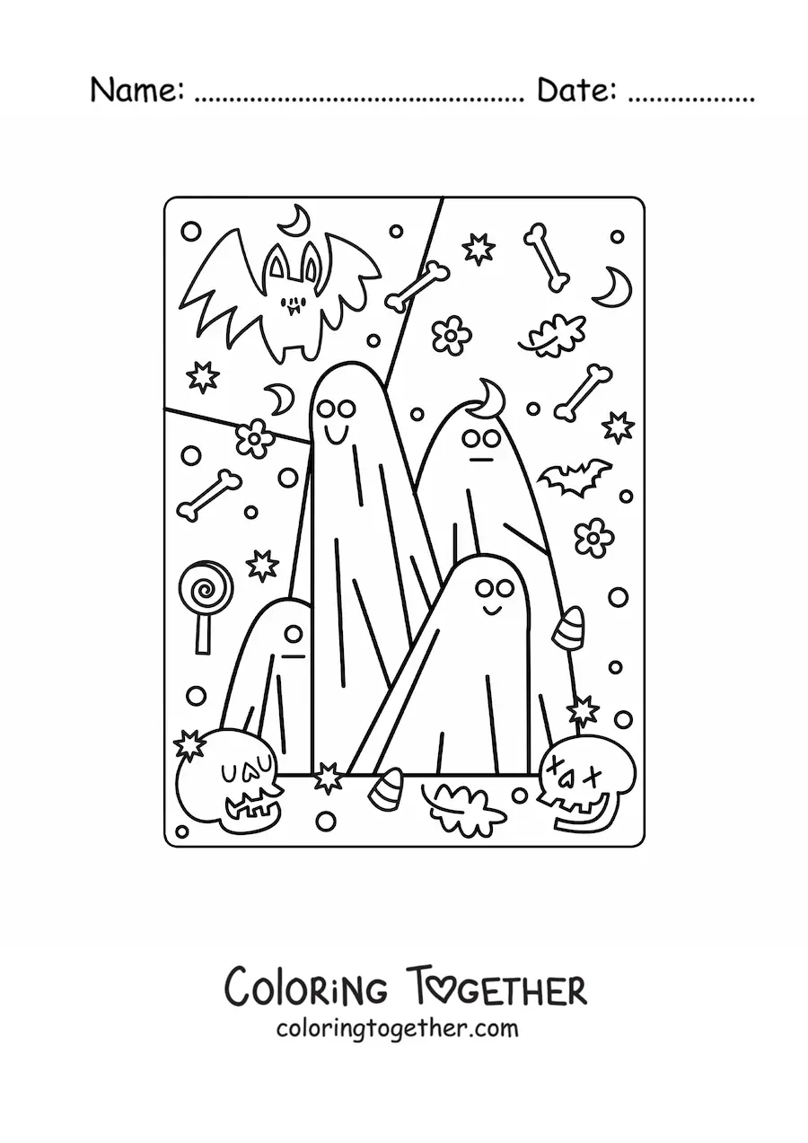 Coloring page of cartoon ghosts with a kawaii bat