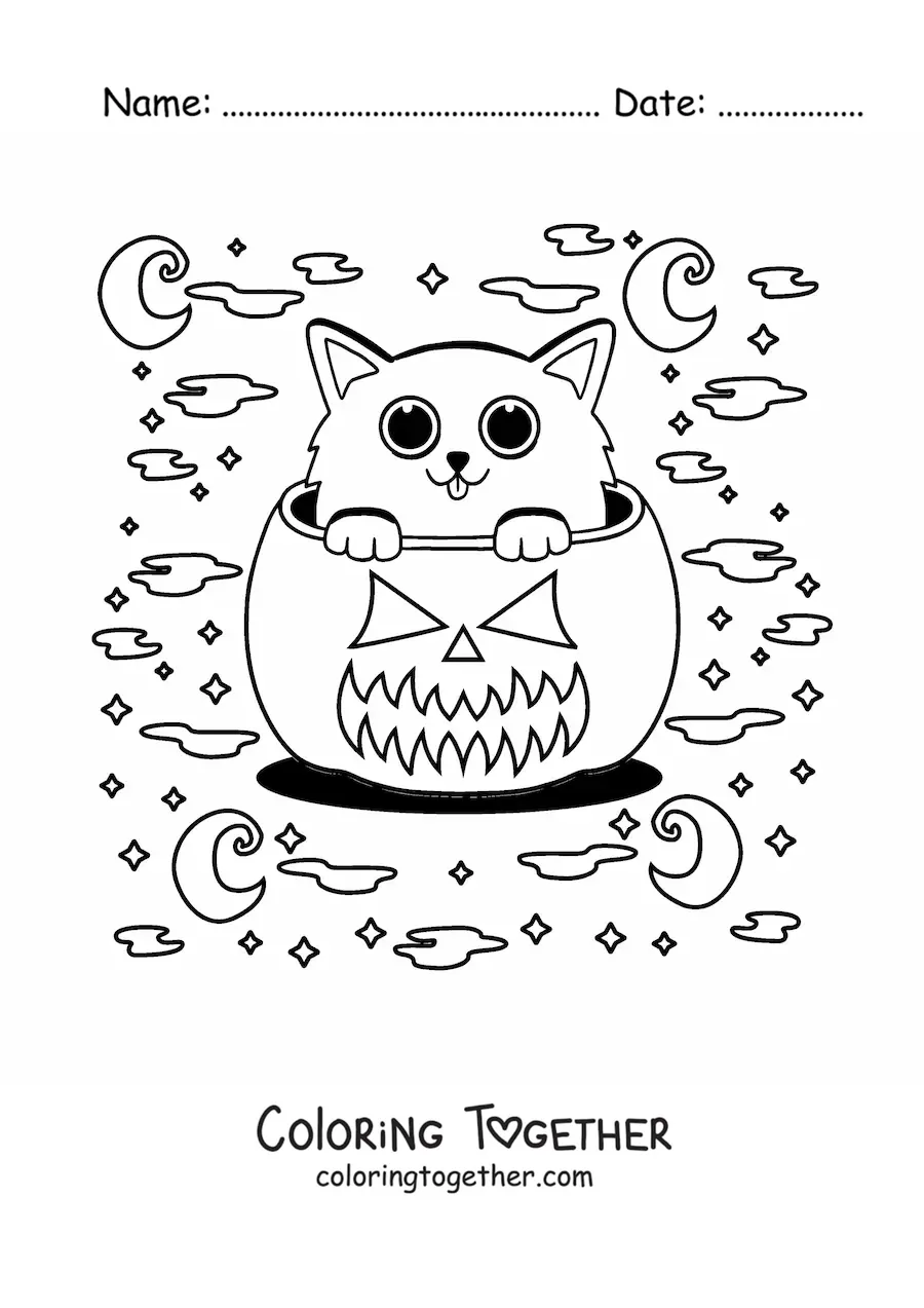 Coloring page of a kawaii cat in a Halloween pumpkin