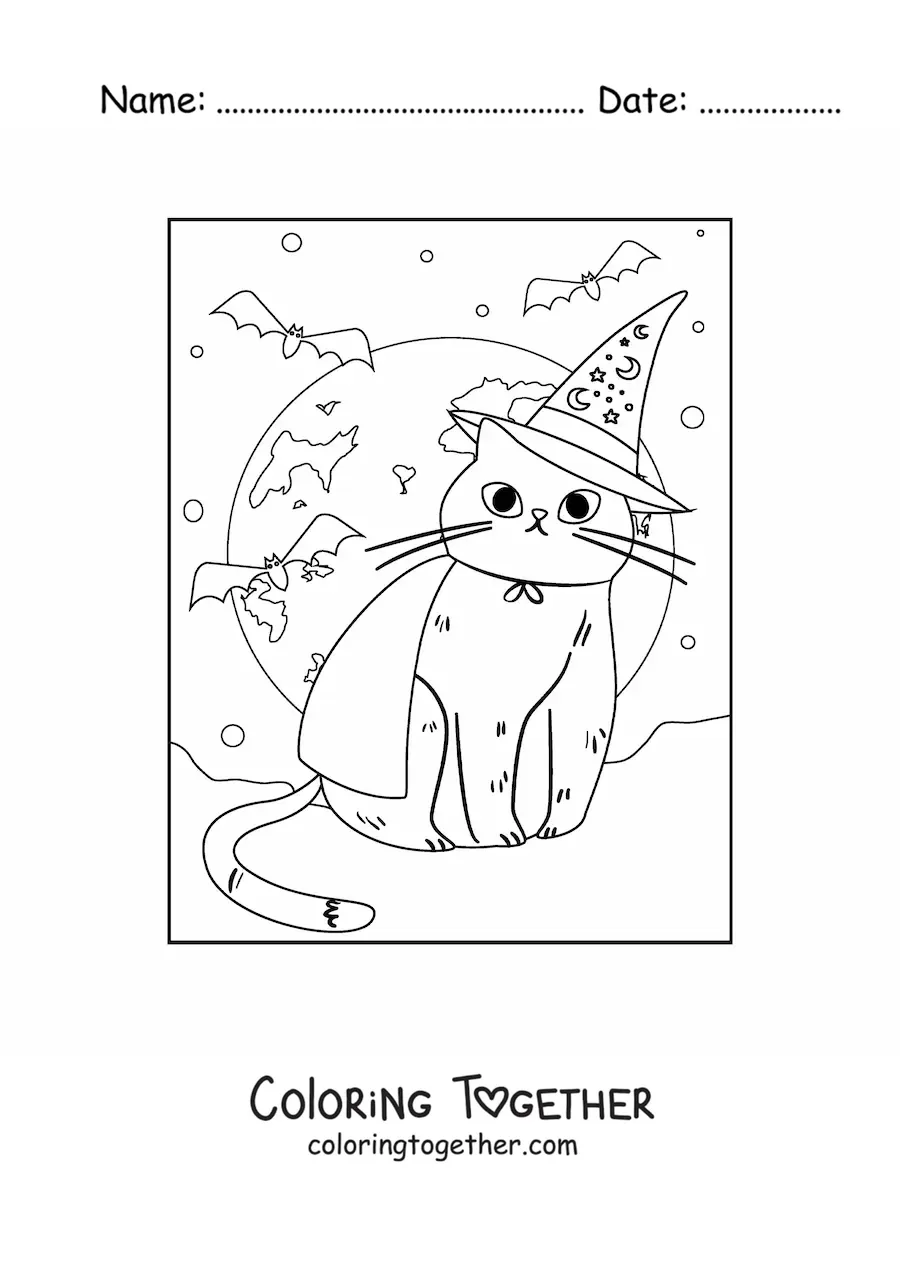 Coloring page of a kawaii cat with a witch hat and bats
