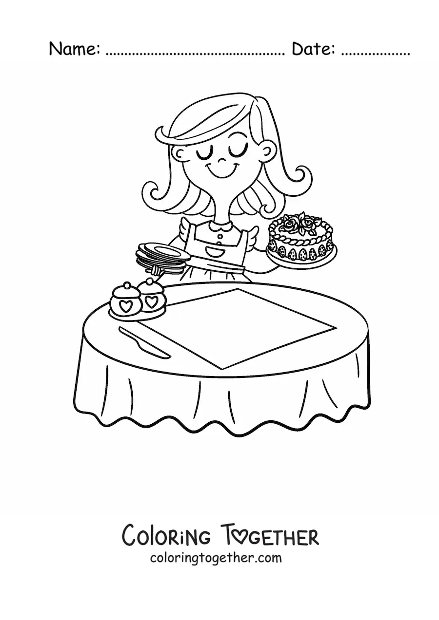 Coloring page of a mom setting a cake on a table