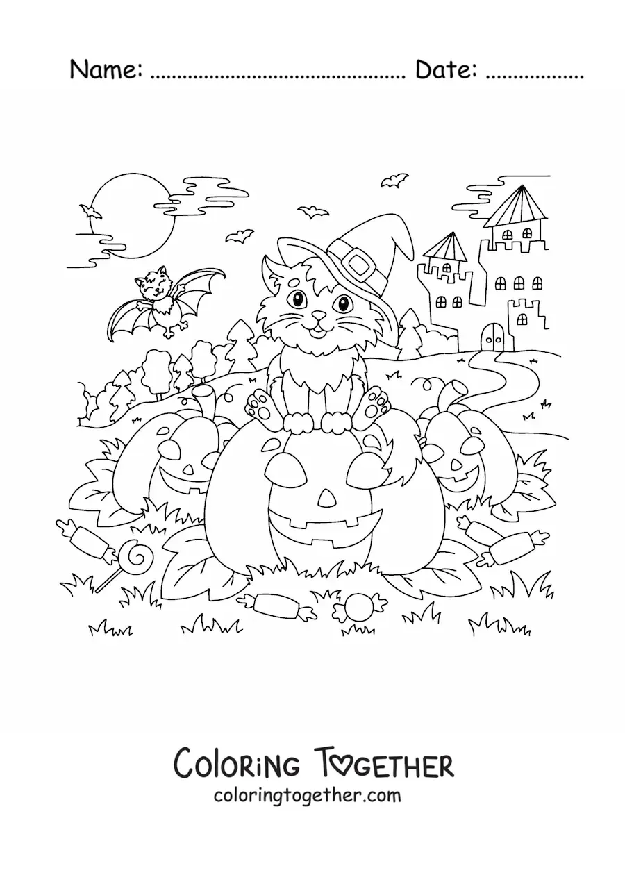 Coloring page of a kawaii cat with a witch hat sitting on a Halloween pumpkin