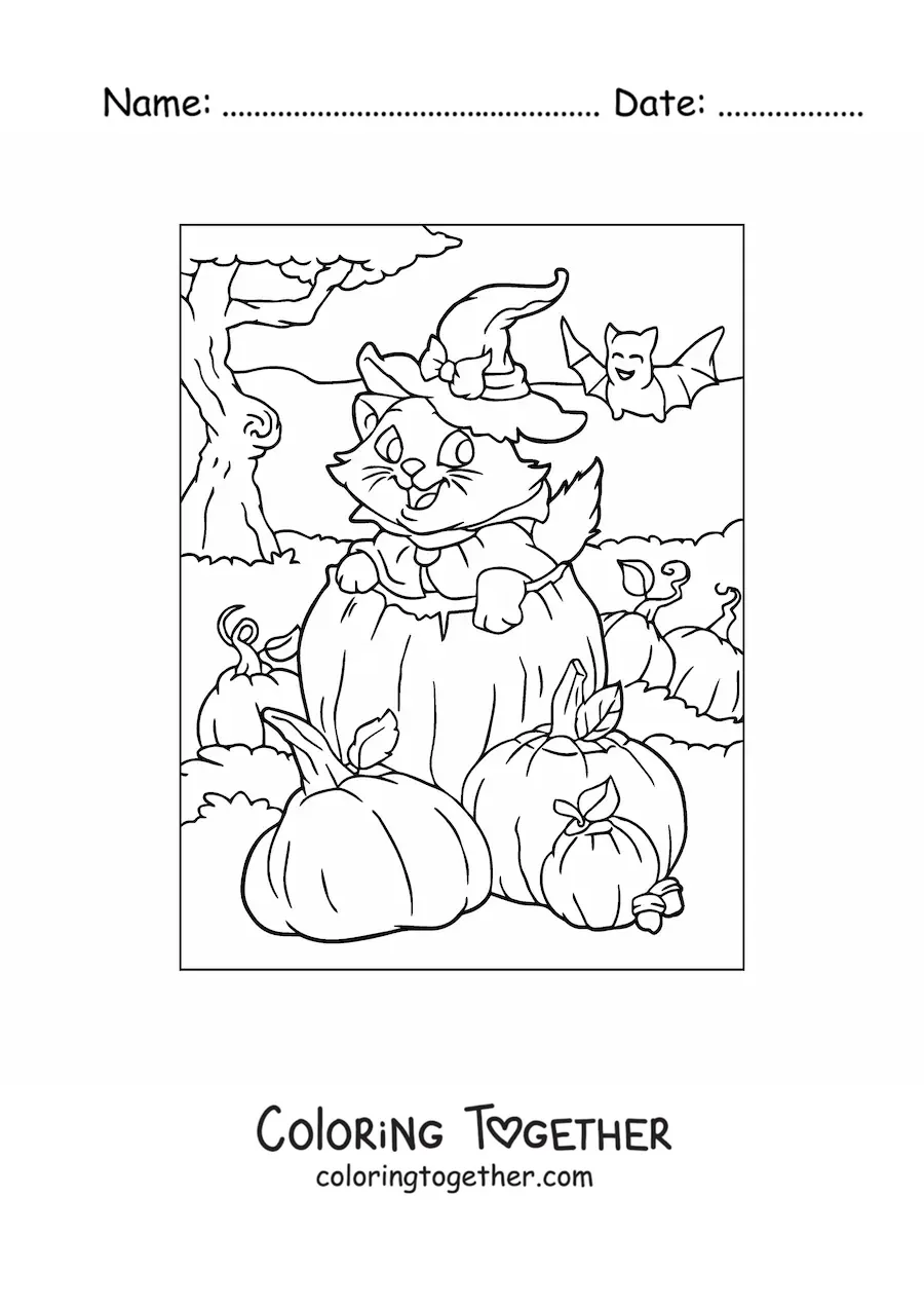 Coloring page of a kawaii cat with a witch hat inside a Halloween pumpkin