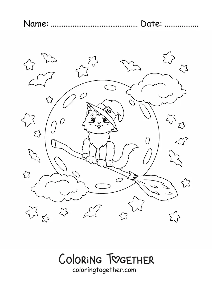 Coloring page of a kawaii cat with a witch hat flying on a broom