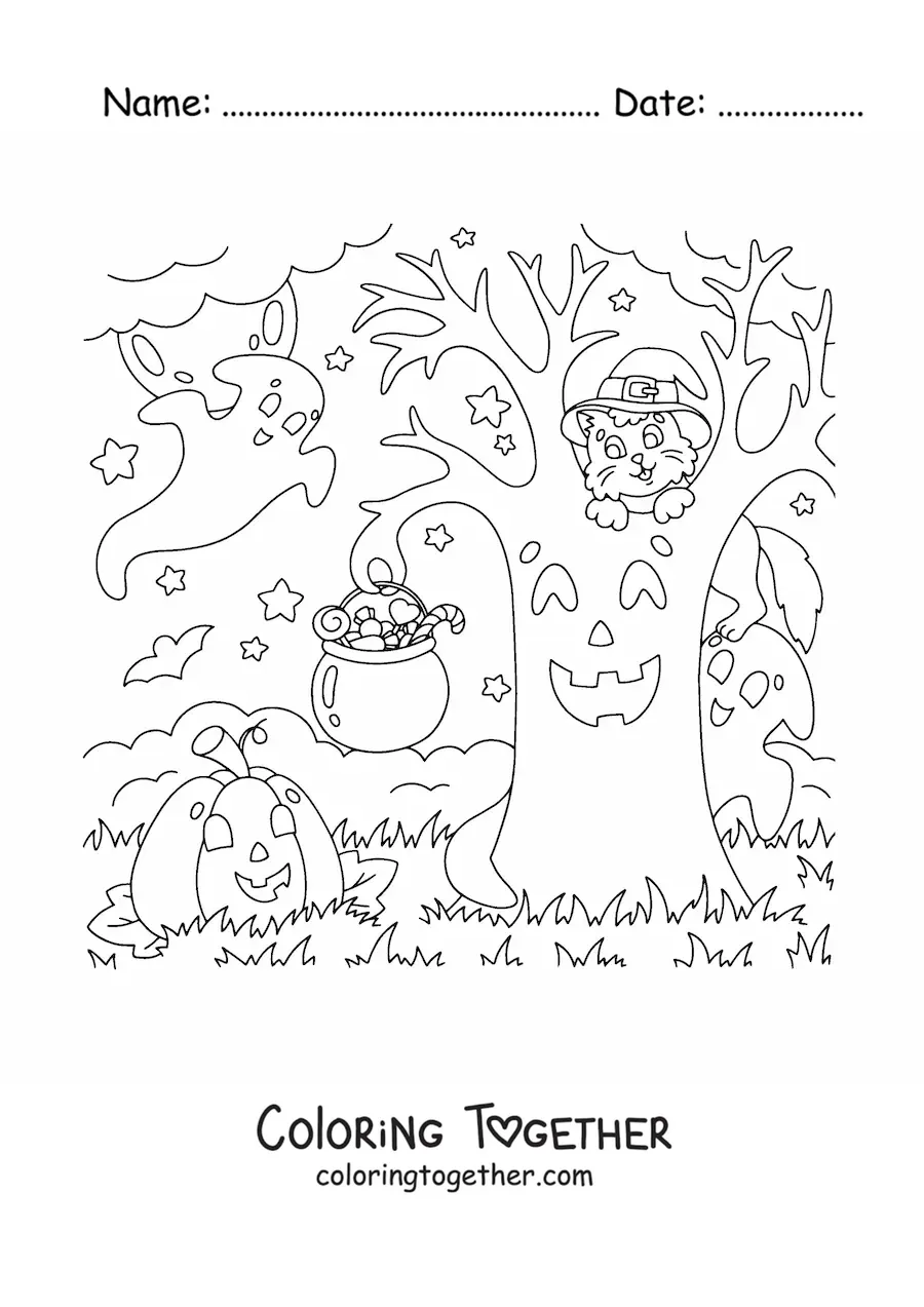 Coloring page of a kawaii cat with a witch hat on a spooky tree