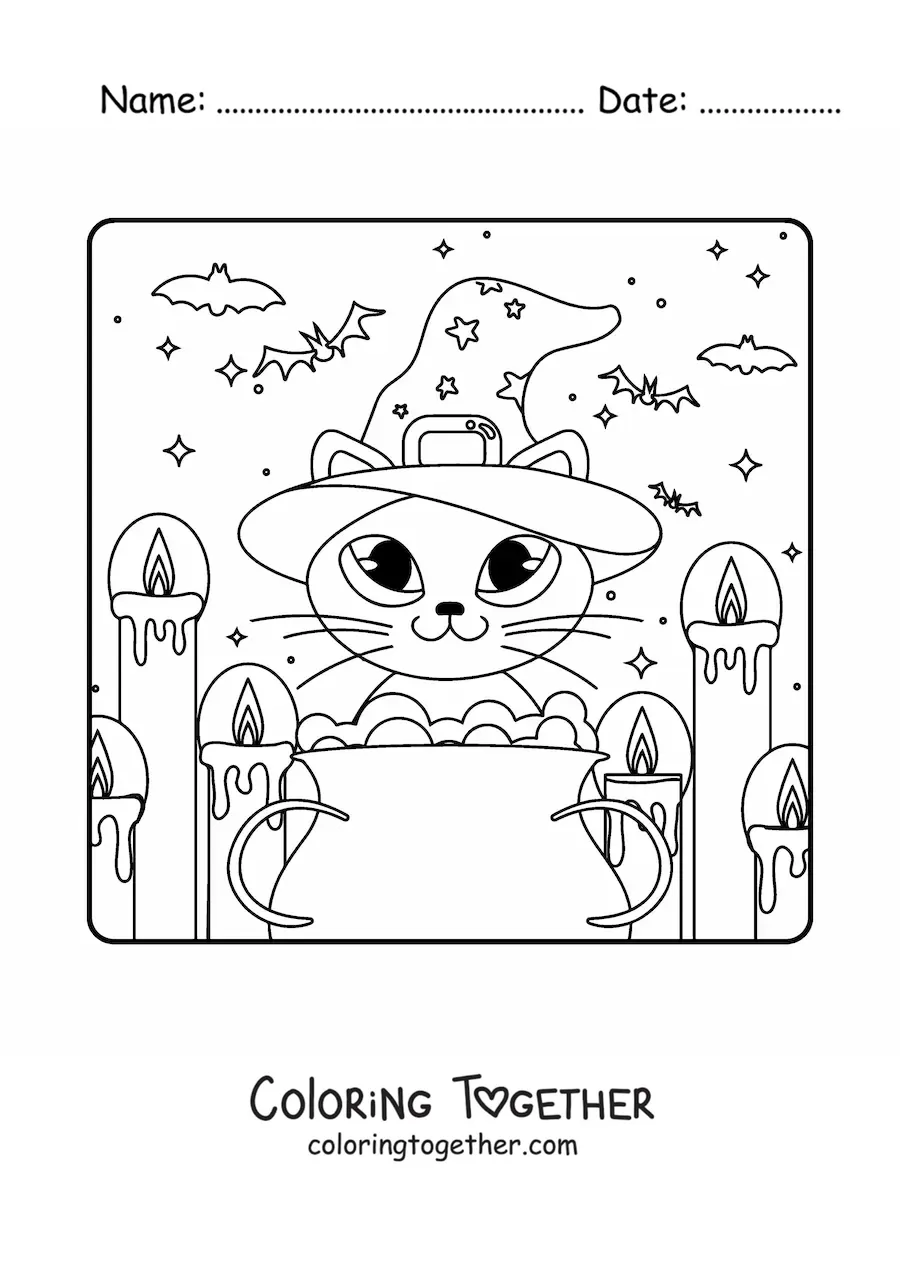 Coloring page of a kawaii cat with a witch's cauldron and candles