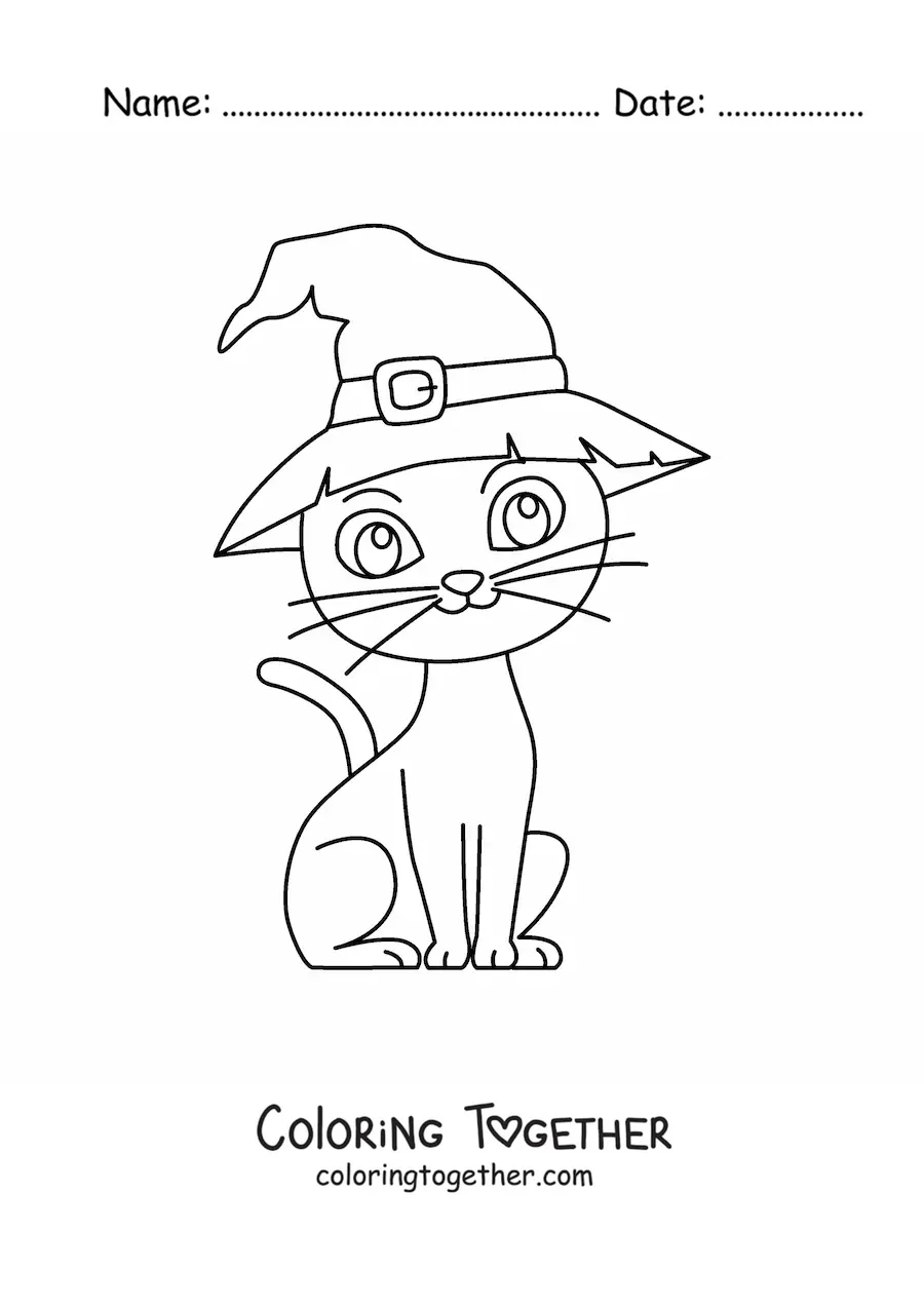 Coloring page of a big Halloween cat with a witch hat