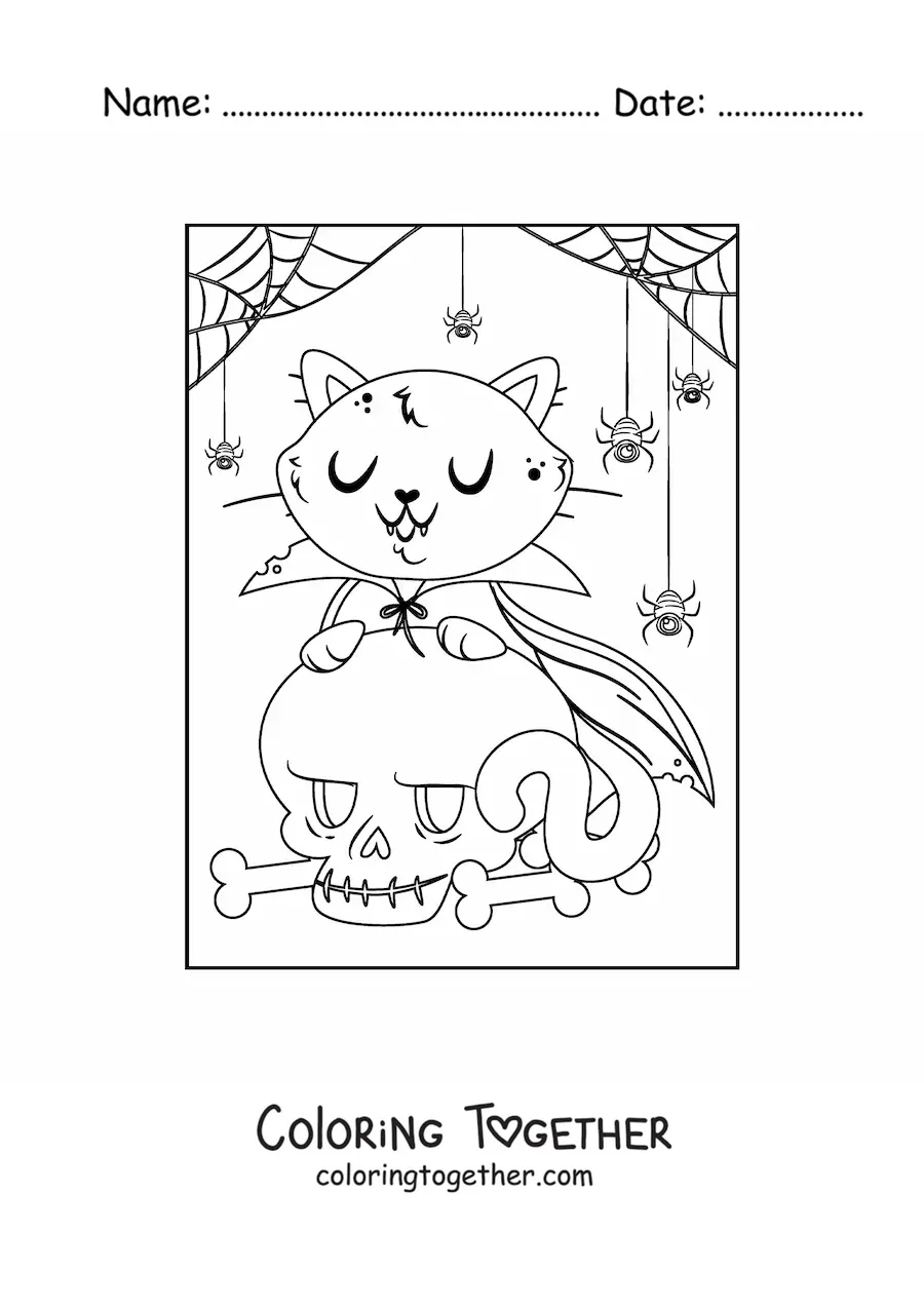 Coloring page of a vampire cat with a skull and spiderwebs