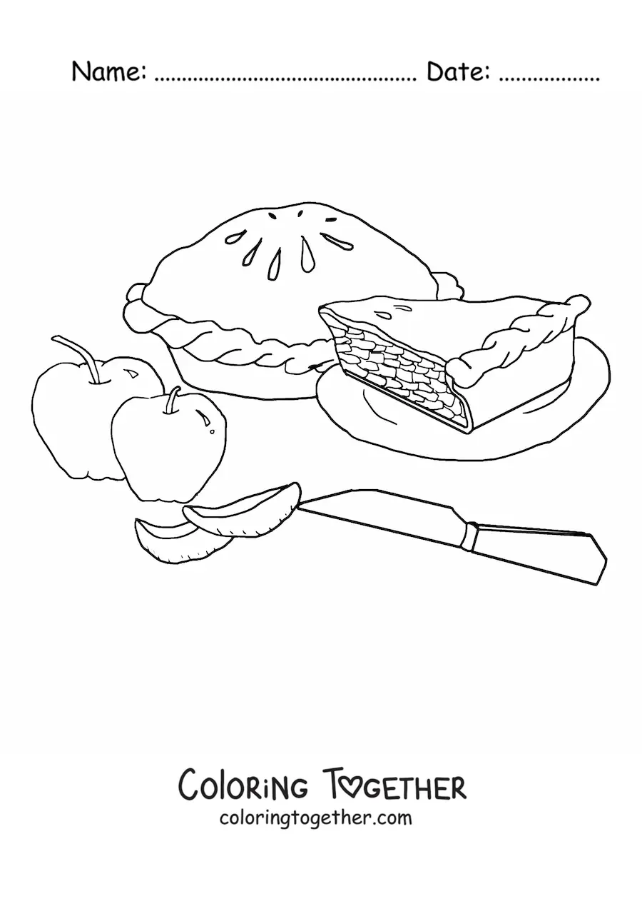 Coloring page of an apple pie with two apples and a knife