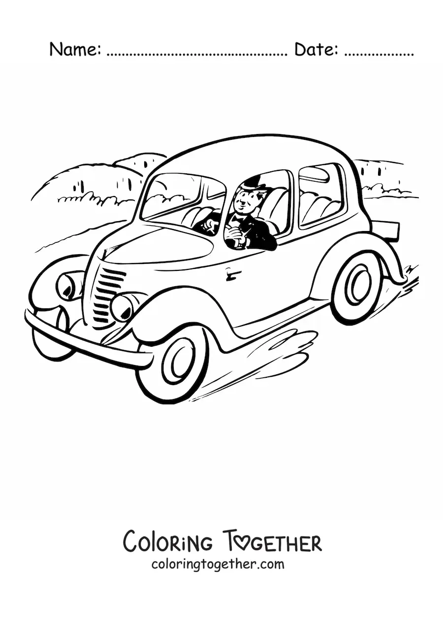 Coloring page of an elegant man driving a vintage car