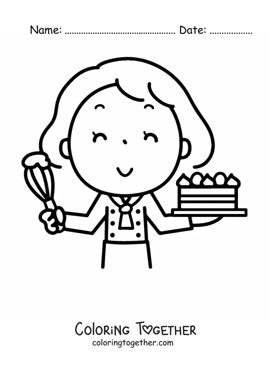 Coloring page of a girl pastry chef with a cake