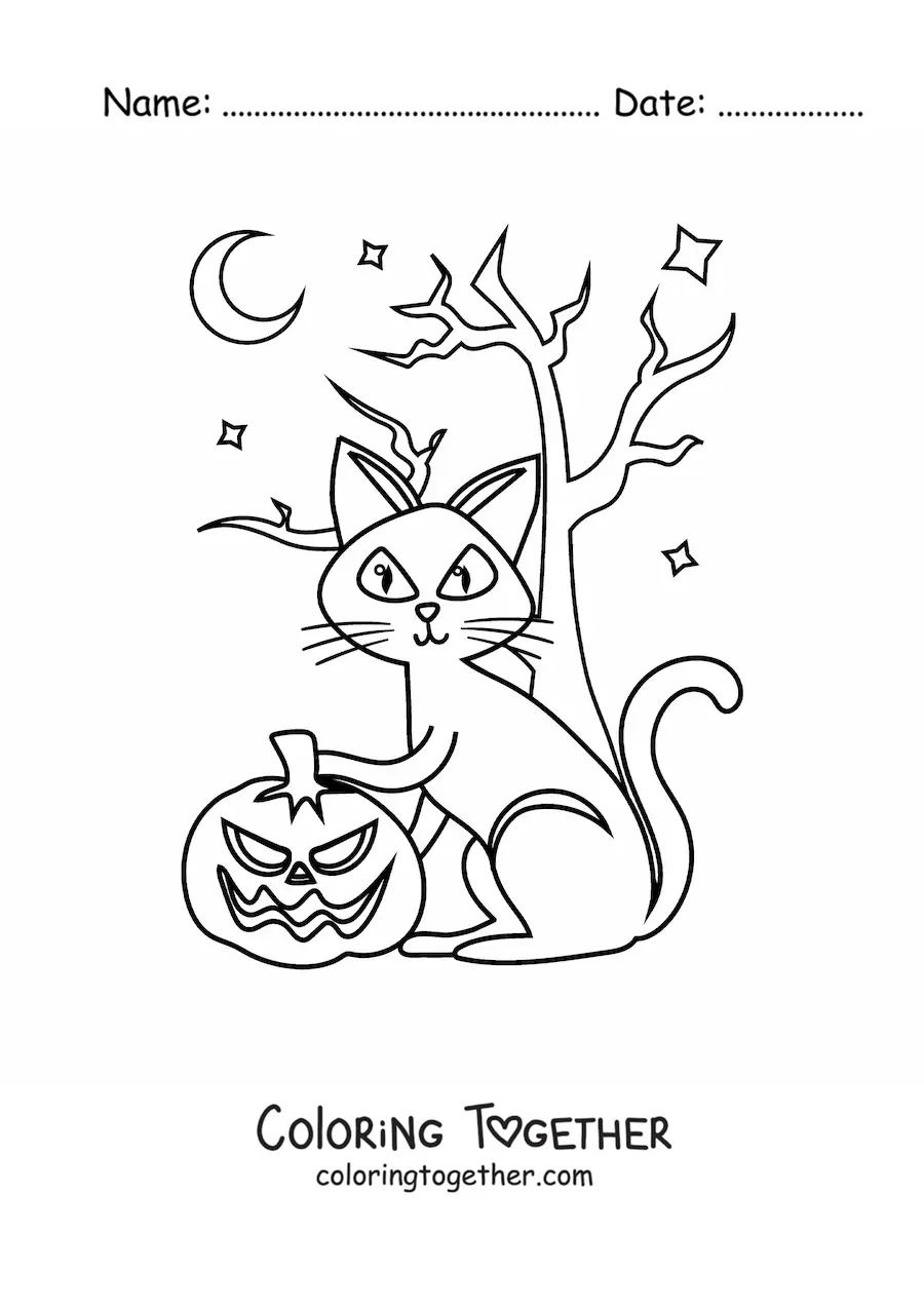 Coloring page of a cartoon cat with a Halloween pumpkin